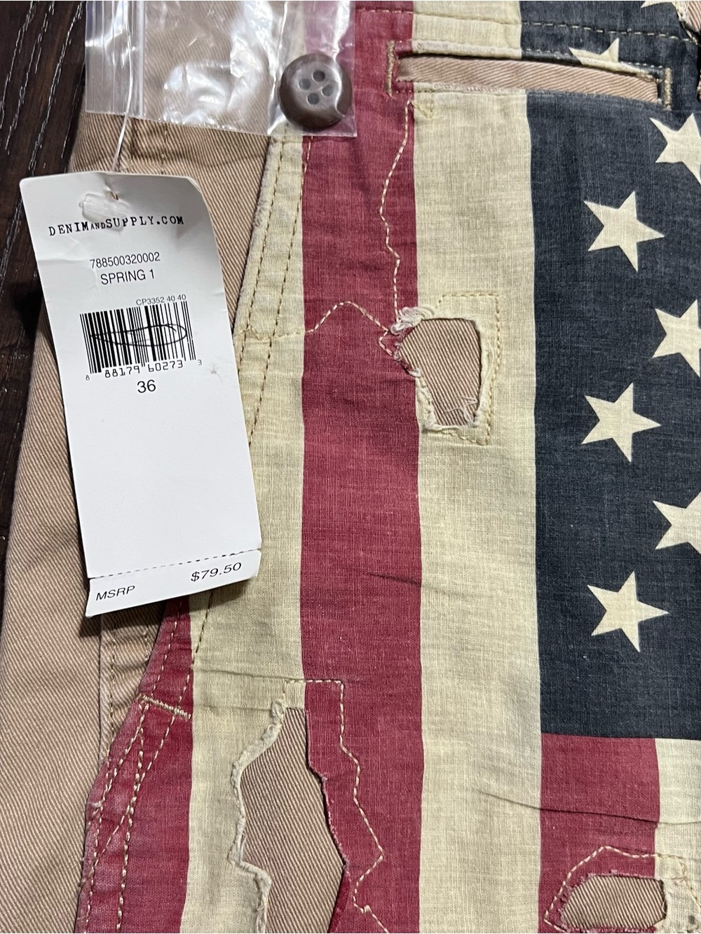 Denim & Supply Ralph Lauren Mens Size 36 Shorts Khaki US Flag - Picture 3 of 7